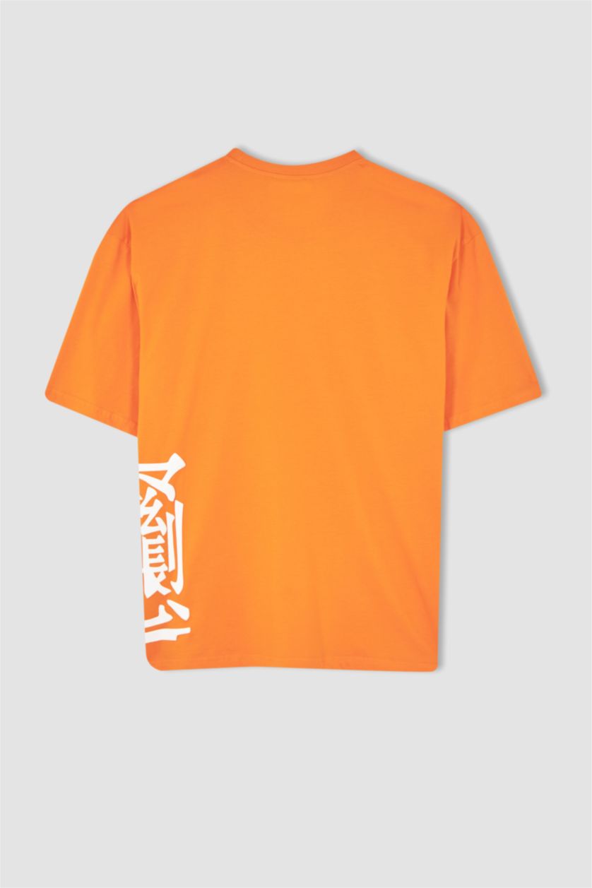 رجالي برتقالي تيشيرت نص كم اوفر سايز برقبة مستديرة