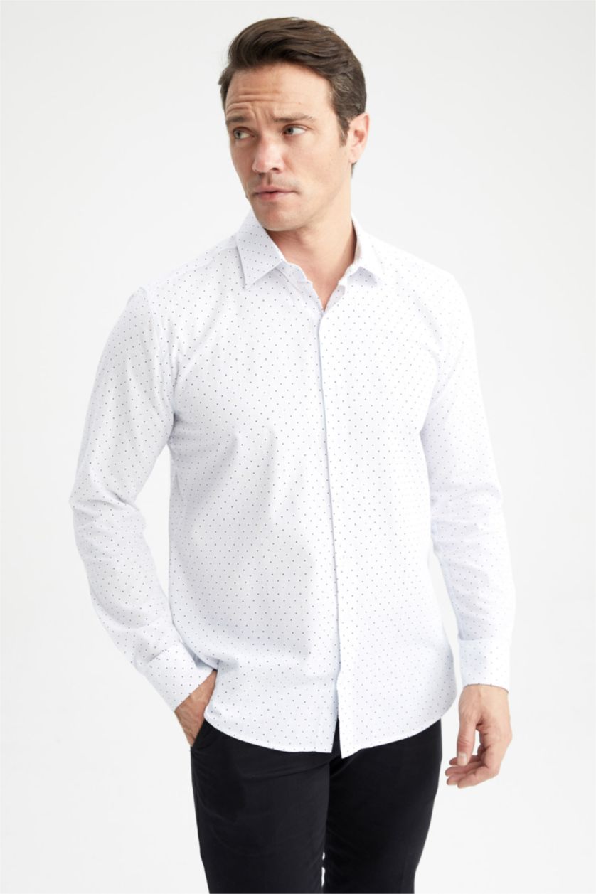HOMME Blanc Chemise À Manches Longues En Tricot Imprimé Cou İtalien