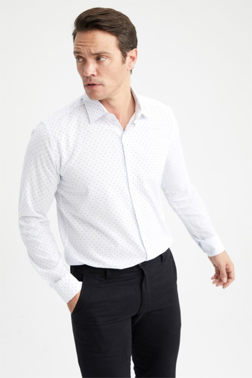 HOMME Blanc Chemise À Manches Longues En Tricot Imprimé Cou İtalien