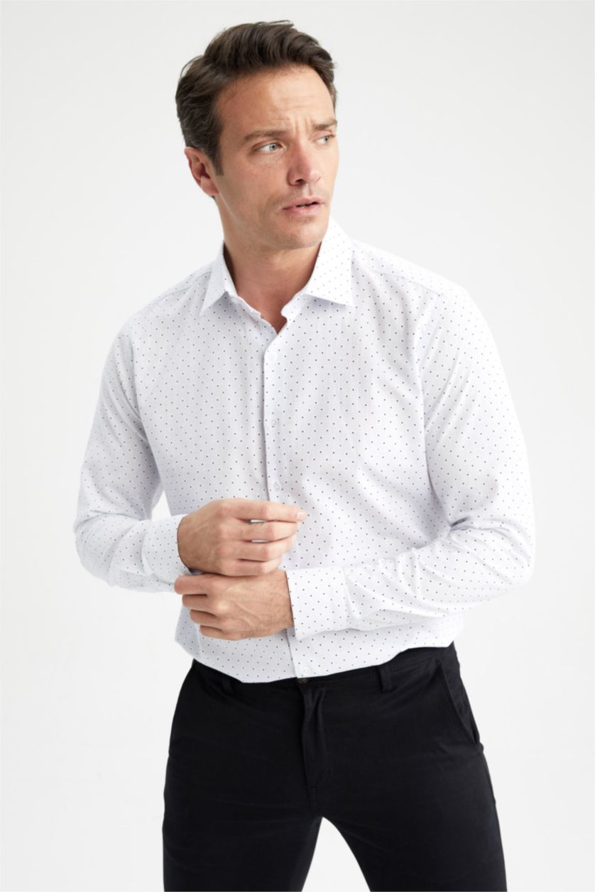 HOMME Blanc Chemise À Manches Longues En Tricot Imprimé Cou İtalien