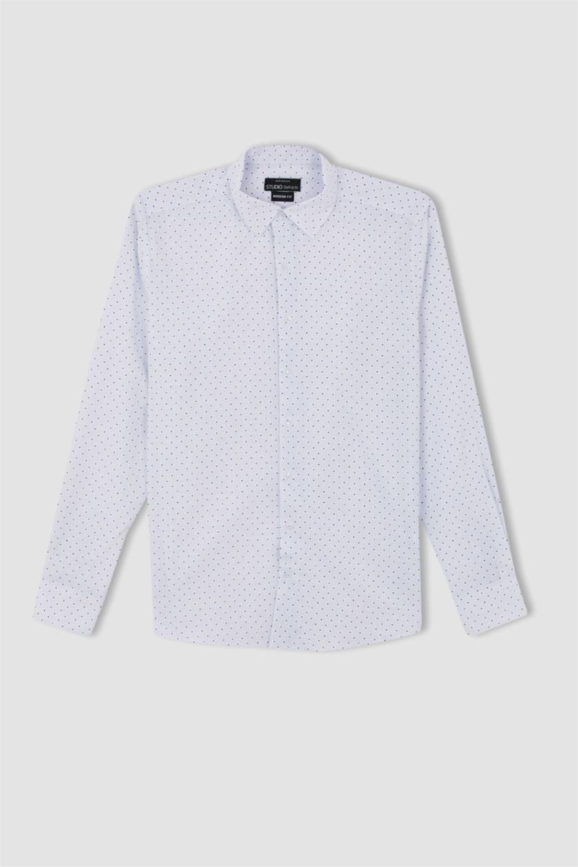 HOMME Blanc Chemise À Manches Longues En Tricot Imprimé Cou İtalien