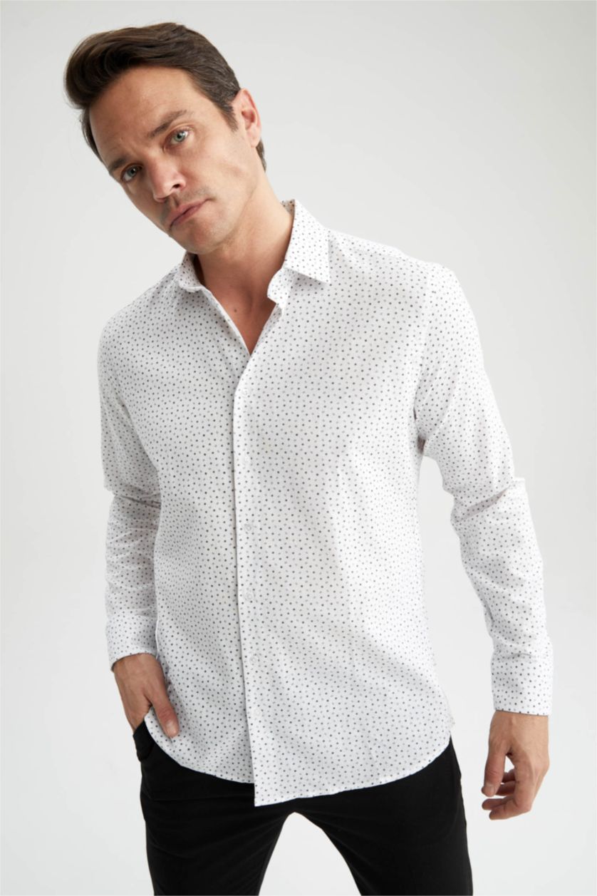 HOMME Blanc Chemise À Manches Longues En Tricot Imprimé Cou İtalien