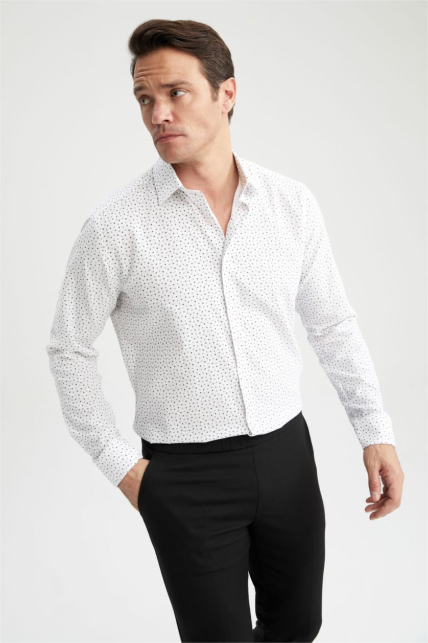 HOMME Blanc Chemise À Manches Longues En Tricot Imprimé Cou İtalien