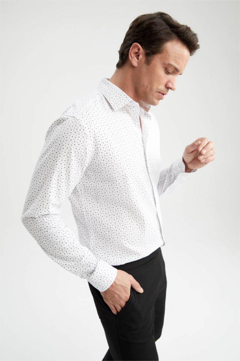 HOMME Blanc Chemise À Manches Longues En Tricot Imprimé Cou İtalien
