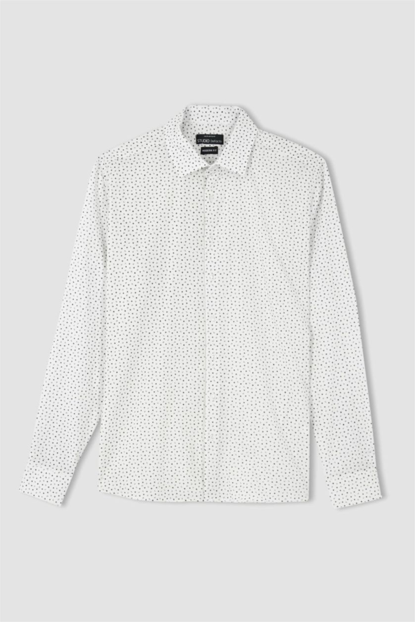 HOMME Blanc Chemise À Manches Longues En Tricot Imprimé Cou İtalien