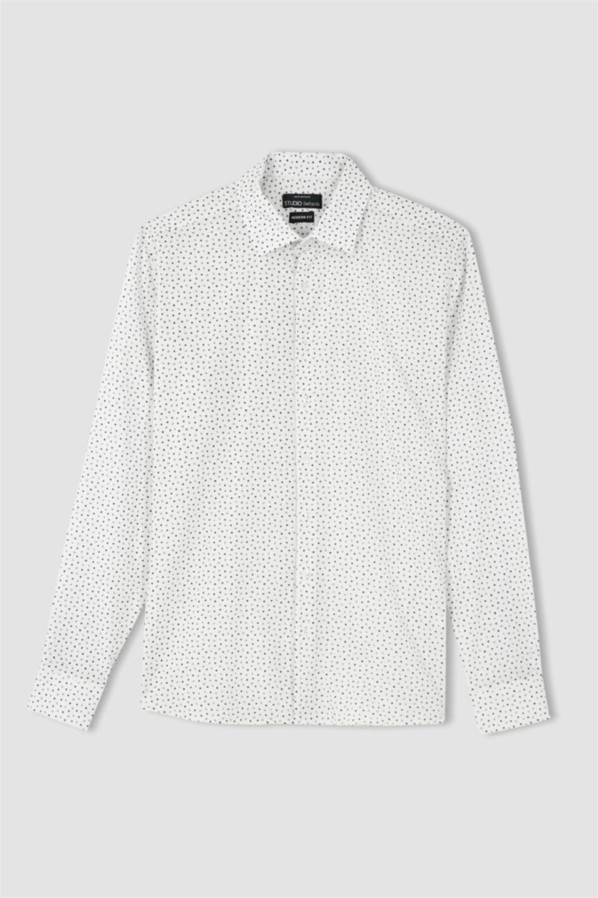 HOMME Blanc Chemise À Manches Longues En Tricot Imprimé Cou İtalien