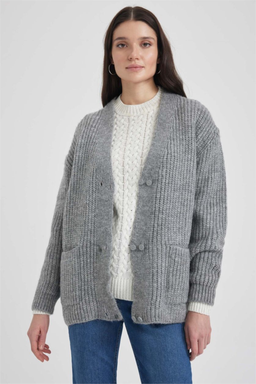 WOMAN Grey Melange Regular Fit V-Neck Thessaloniki Fabric Cardigan