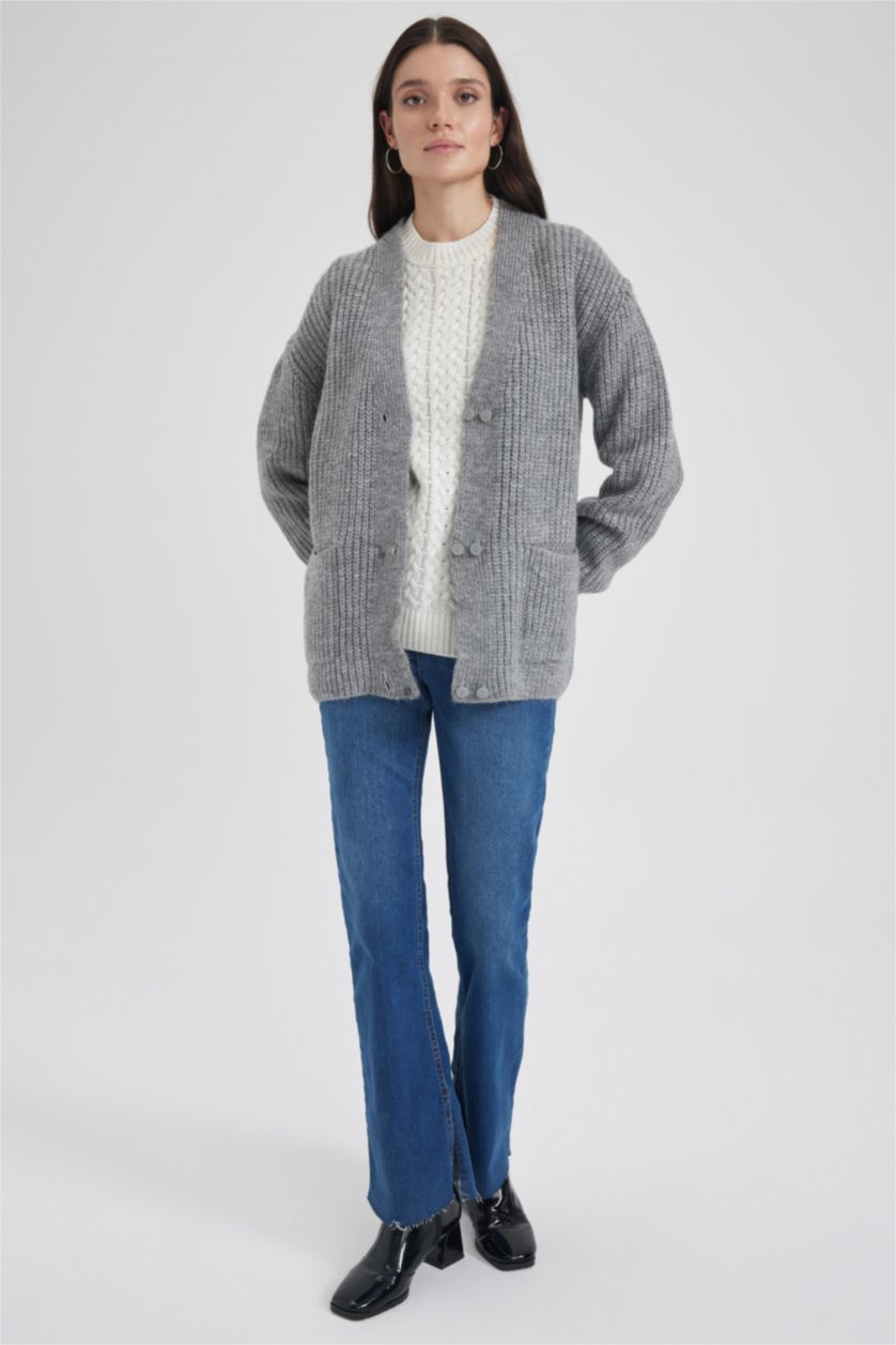 WOMAN Grey Melange Regular Fit V-Neck Thessaloniki Fabric Cardigan