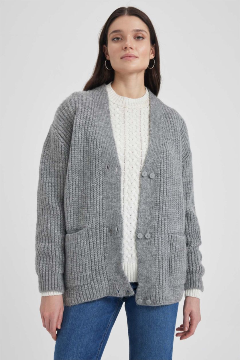 WOMAN Grey Melange Regular Fit V-Neck Thessaloniki Fabric Cardigan