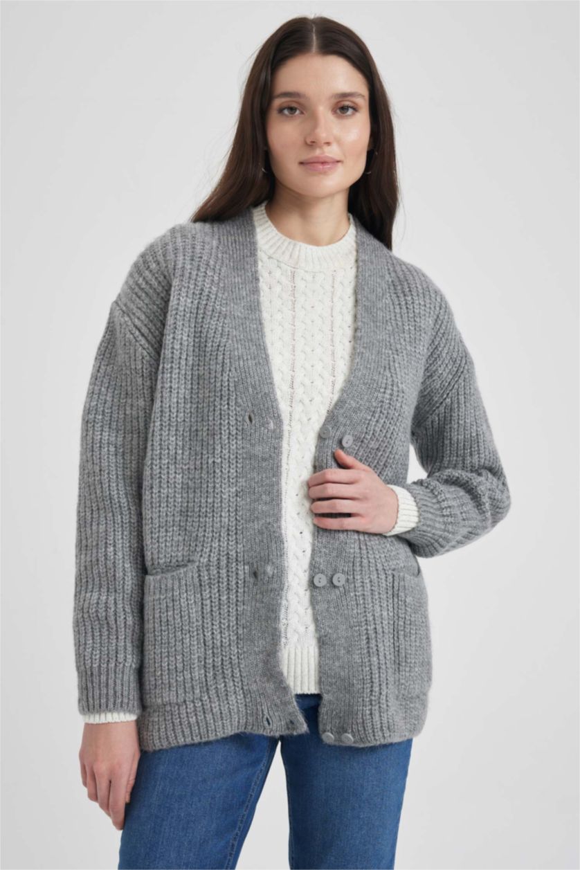 WOMAN Grey Melange Regular Fit V-Neck Thessaloniki Fabric Cardigan