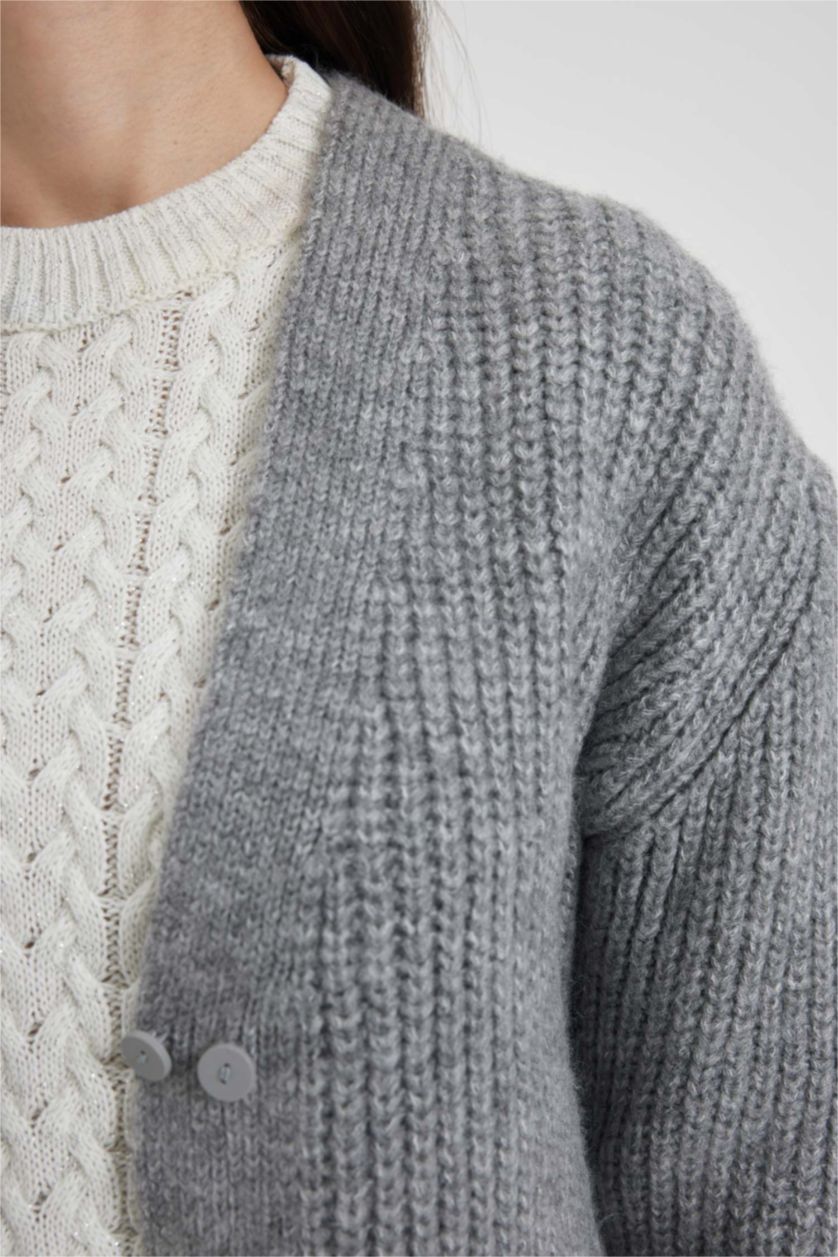 WOMAN Grey Melange Regular Fit V-Neck Thessaloniki Fabric Cardigan