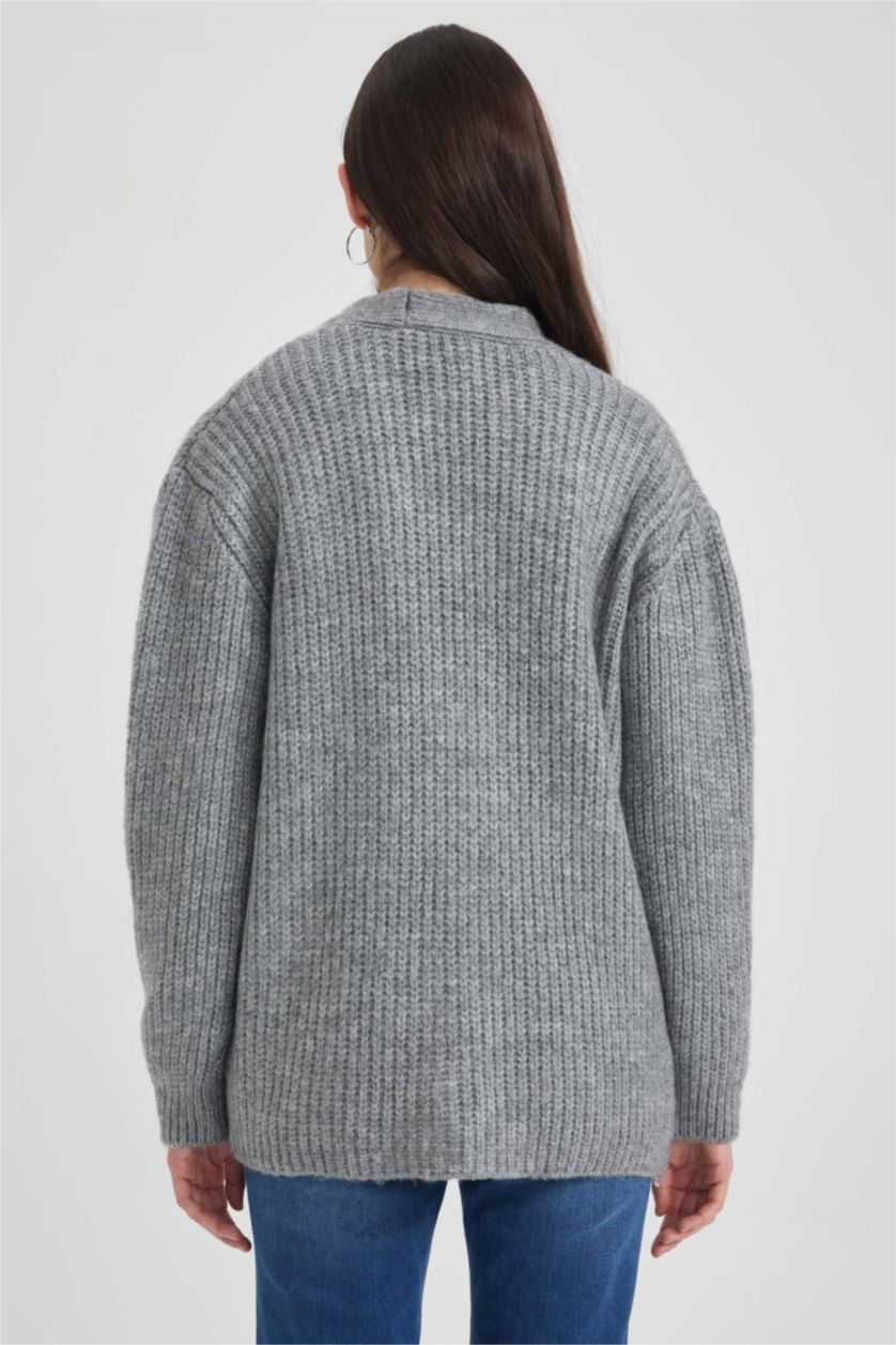 WOMAN Grey Melange Regular Fit V-Neck Thessaloniki Fabric Cardigan