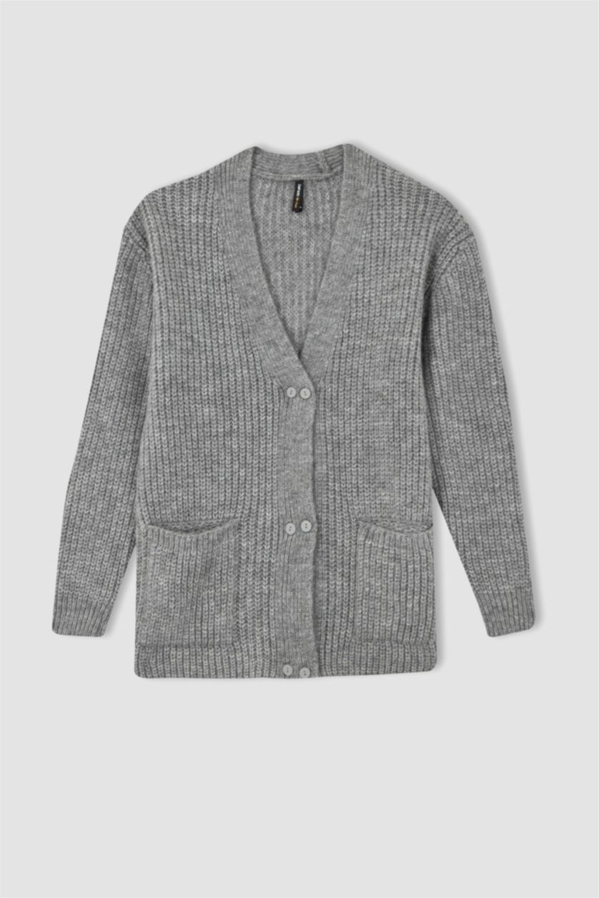 WOMAN Grey Melange Regular Fit V-Neck Thessaloniki Fabric Cardigan