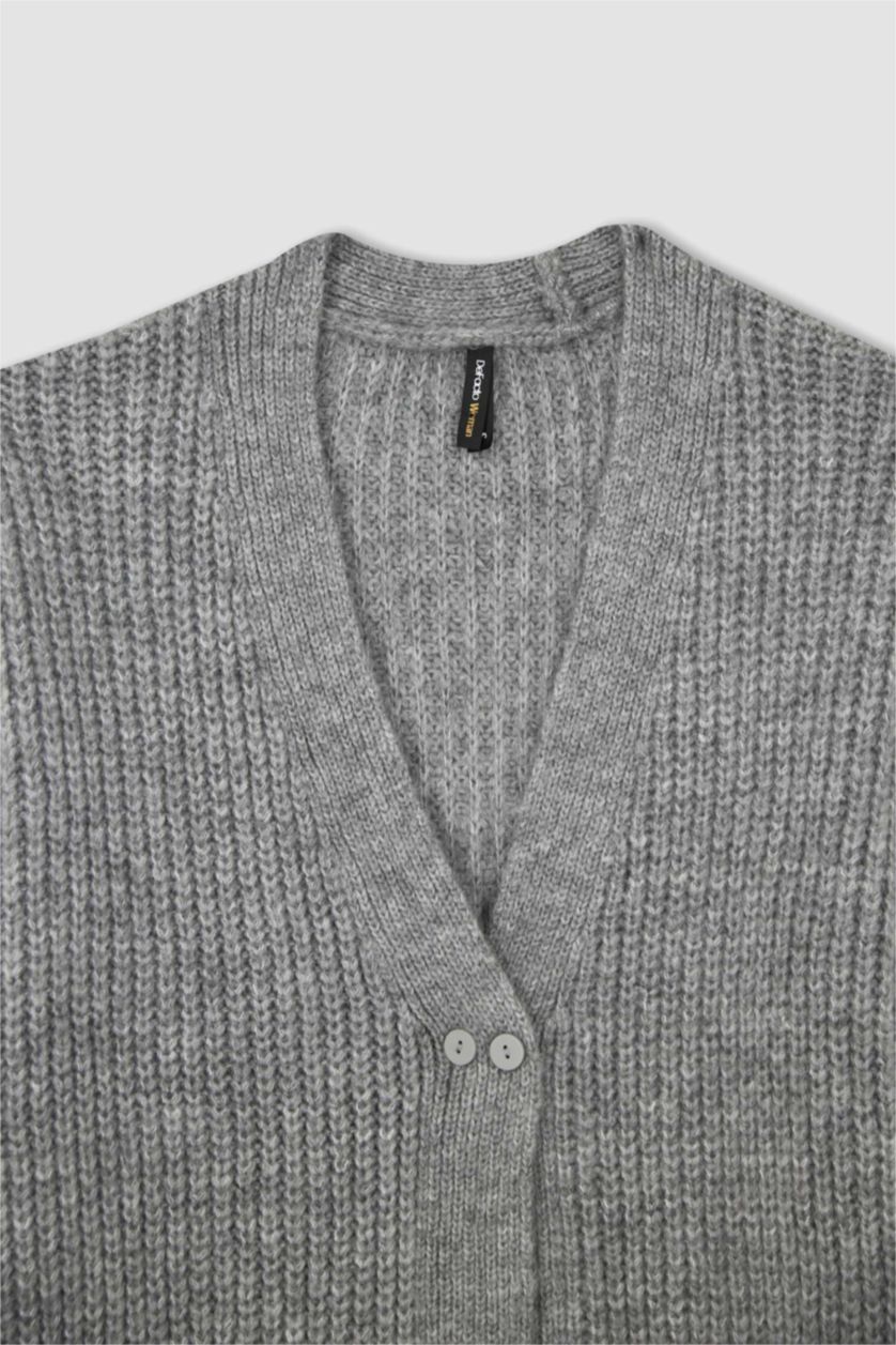 WOMAN Grey Melange Regular Fit V-Neck Thessaloniki Fabric Cardigan