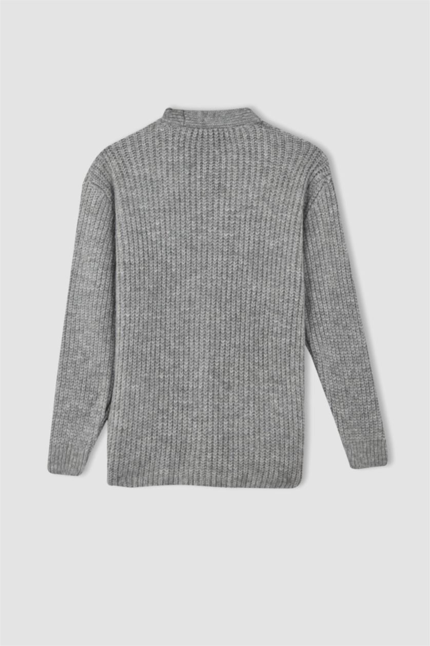 WOMAN Grey Melange Regular Fit V-Neck Thessaloniki Fabric Cardigan