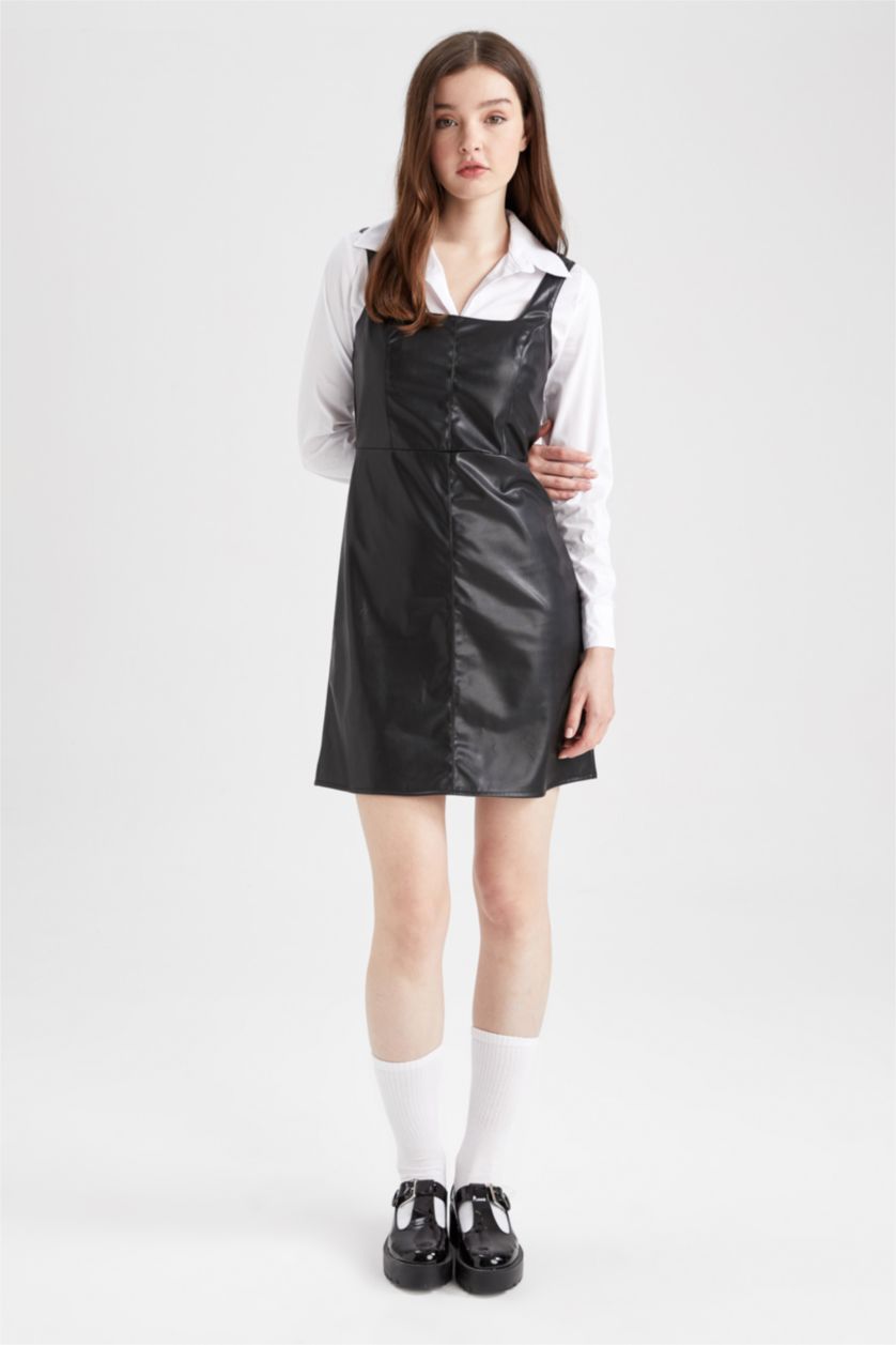 نساء أسود فستان نص كم قصير جلد صناعي سليم فيت  بياقة مربعة