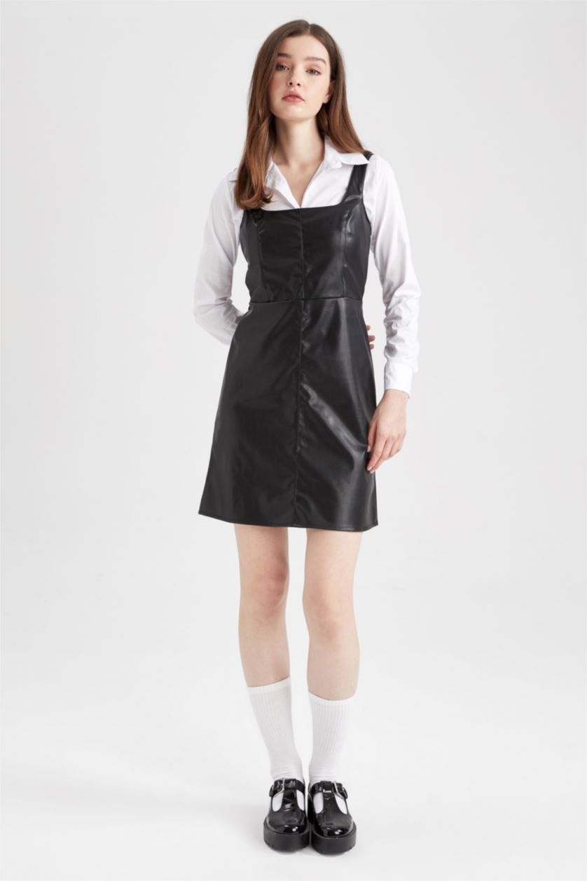 نساء أسود فستان نص كم قصير جلد صناعي سليم فيت  بياقة مربعة