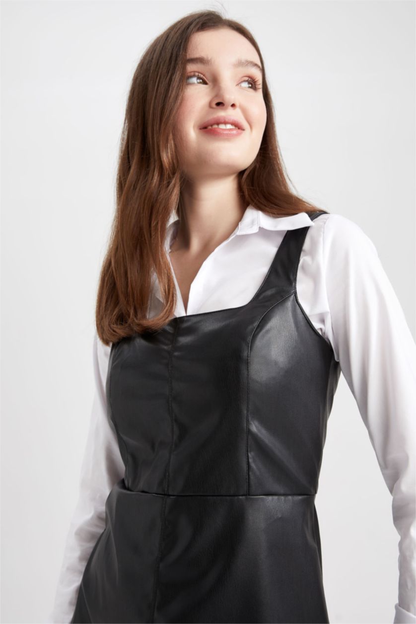 نساء أسود فستان نص كم قصير جلد صناعي سليم فيت  بياقة مربعة