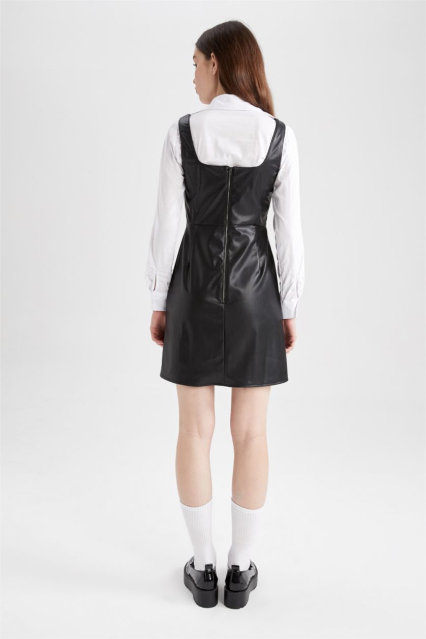 نساء أسود فستان نص كم قصير جلد صناعي سليم فيت  بياقة مربعة