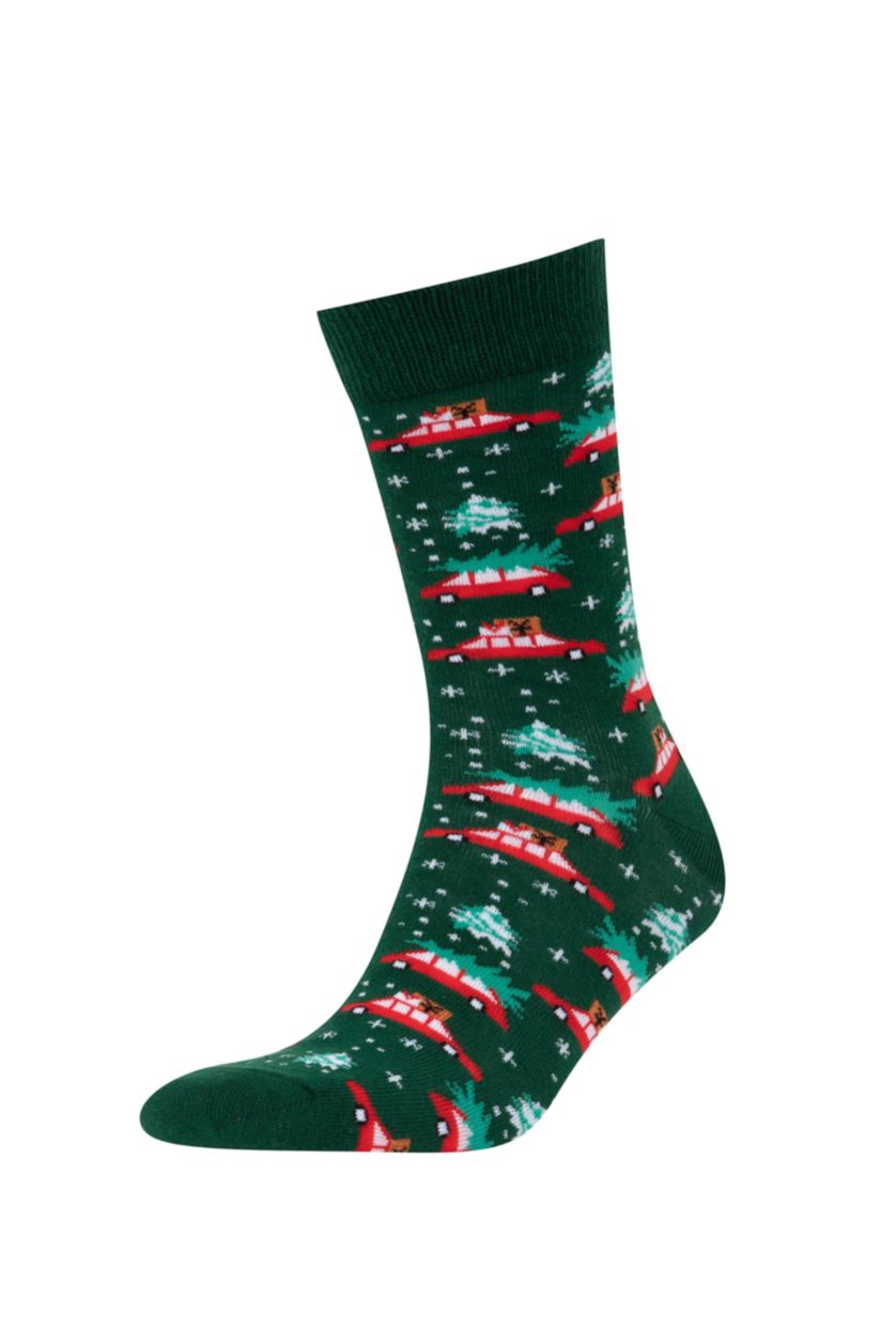 Erkek Yeşil Erkek Yılbaşı Temalı Pamuklu Uzun Çorap