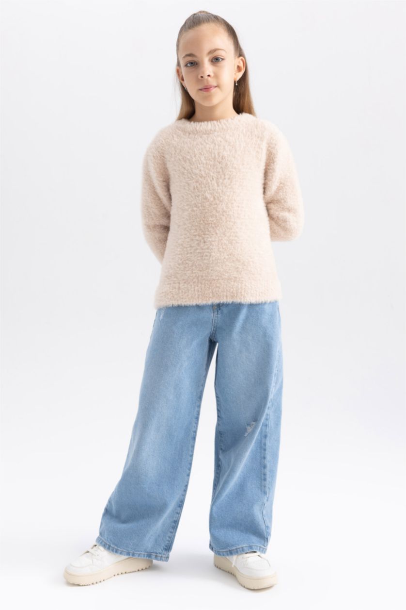 FILLES Beige Pull-Over Coupe Régulière Col Rond Pour Fille