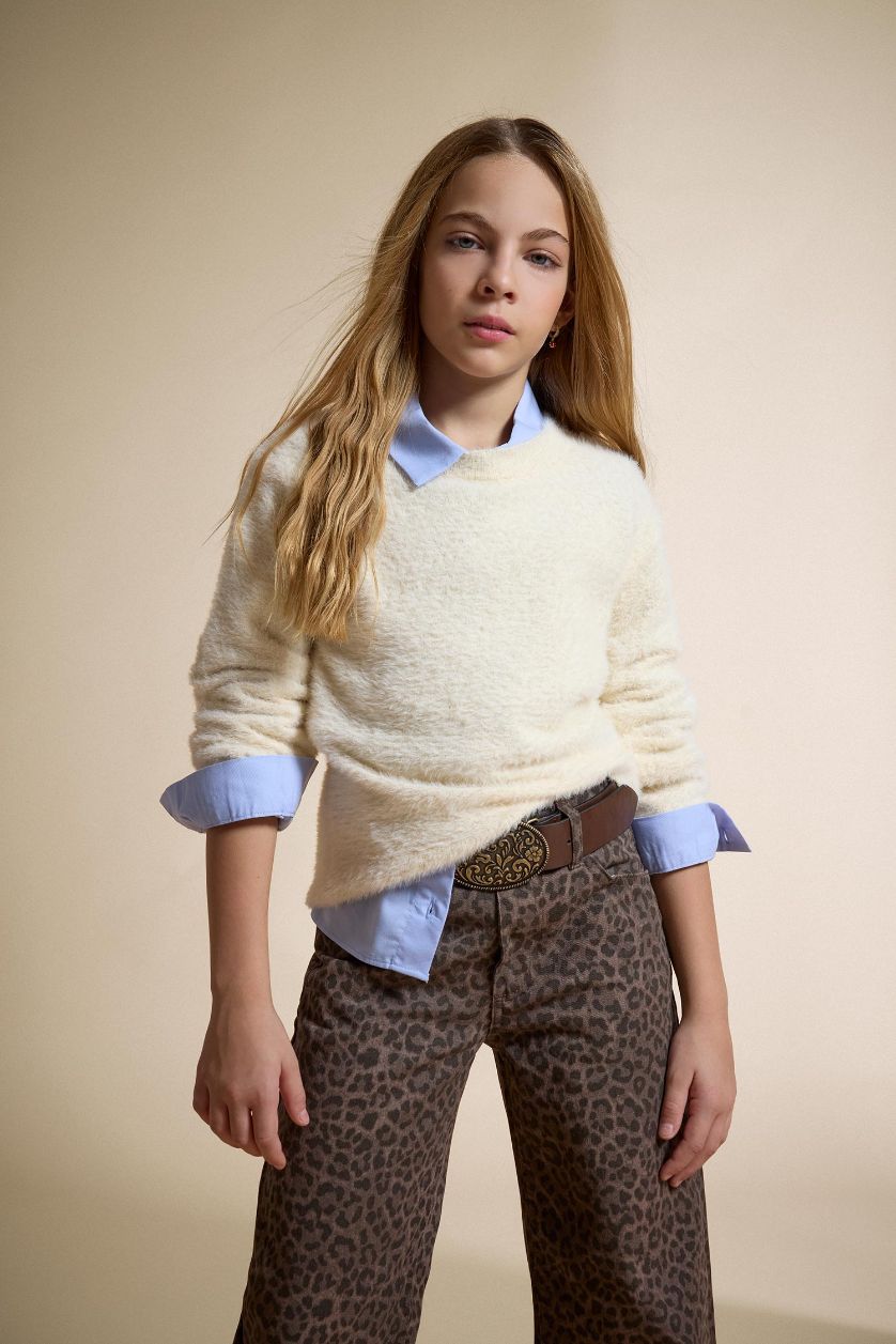 بناتي بيج فاتح بلوفر بناتي تريكو قصة عادية برقبة مستديرة