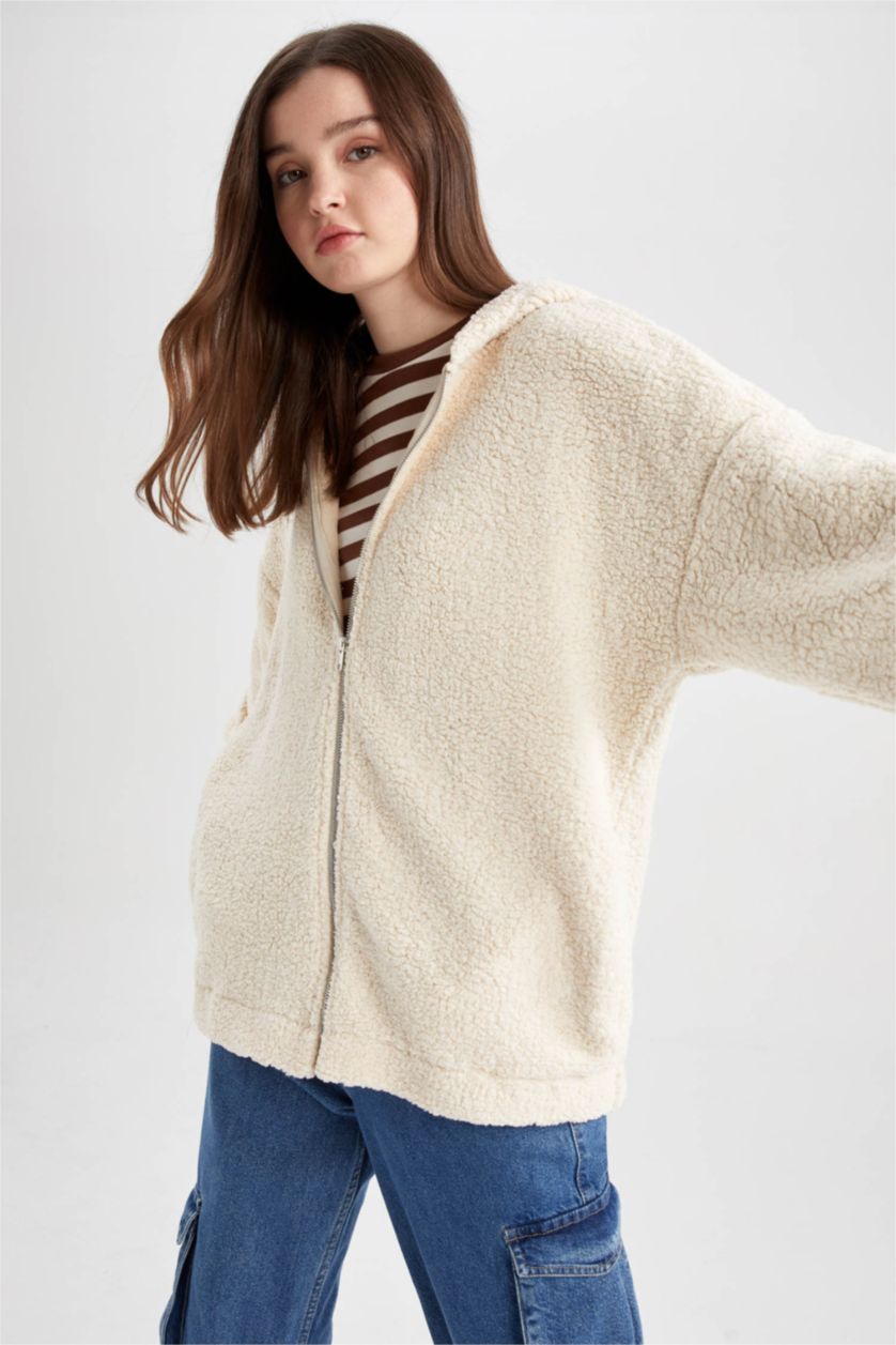 نساء بيج جاكيت قطيفة اوفر سايز بغطاء للرأس