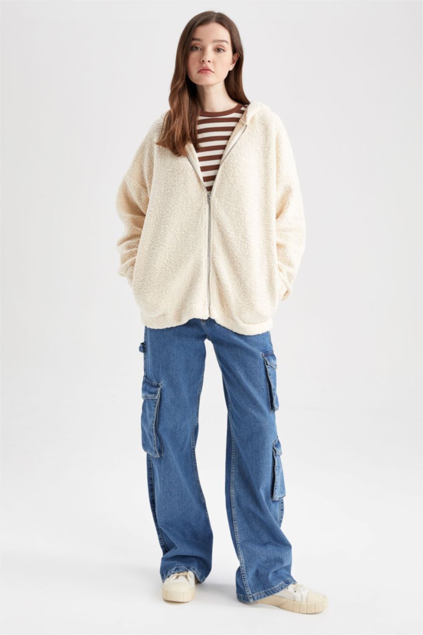 نساء بيج جاكيت قطيفة اوفر سايز بغطاء للرأس