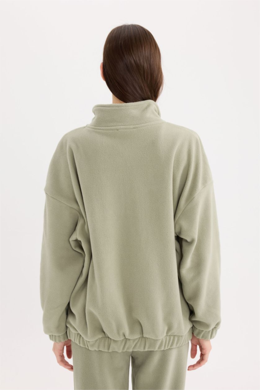 Kadın Açık Haki Oversize Geniş Kalıp Dik Yaka Fermuarlı Baskılı Polar Sweatshirt