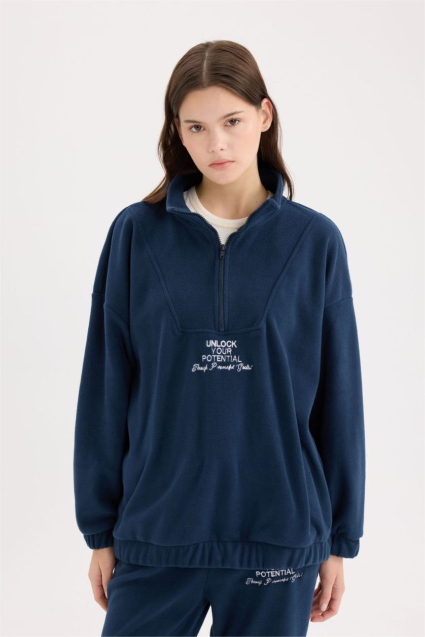 حريمي كحلي سويت شيرت اوفر سايز بياقة عالية وسوسته