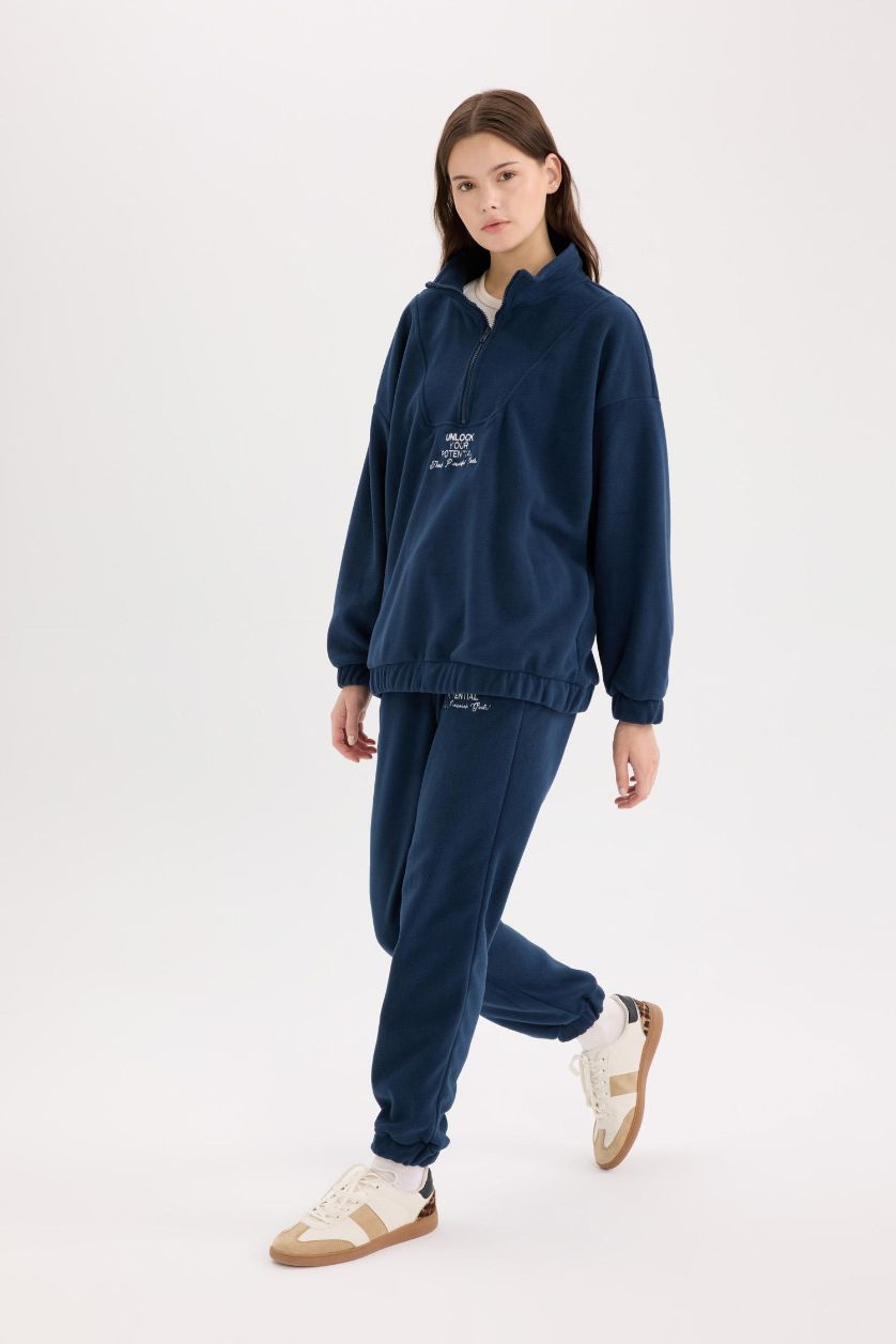 Kadın Lacivert Standart Fit Ayarlanabilir Lastikli Bağcıklı Cepli Baskılı Polar Eşofman Altı