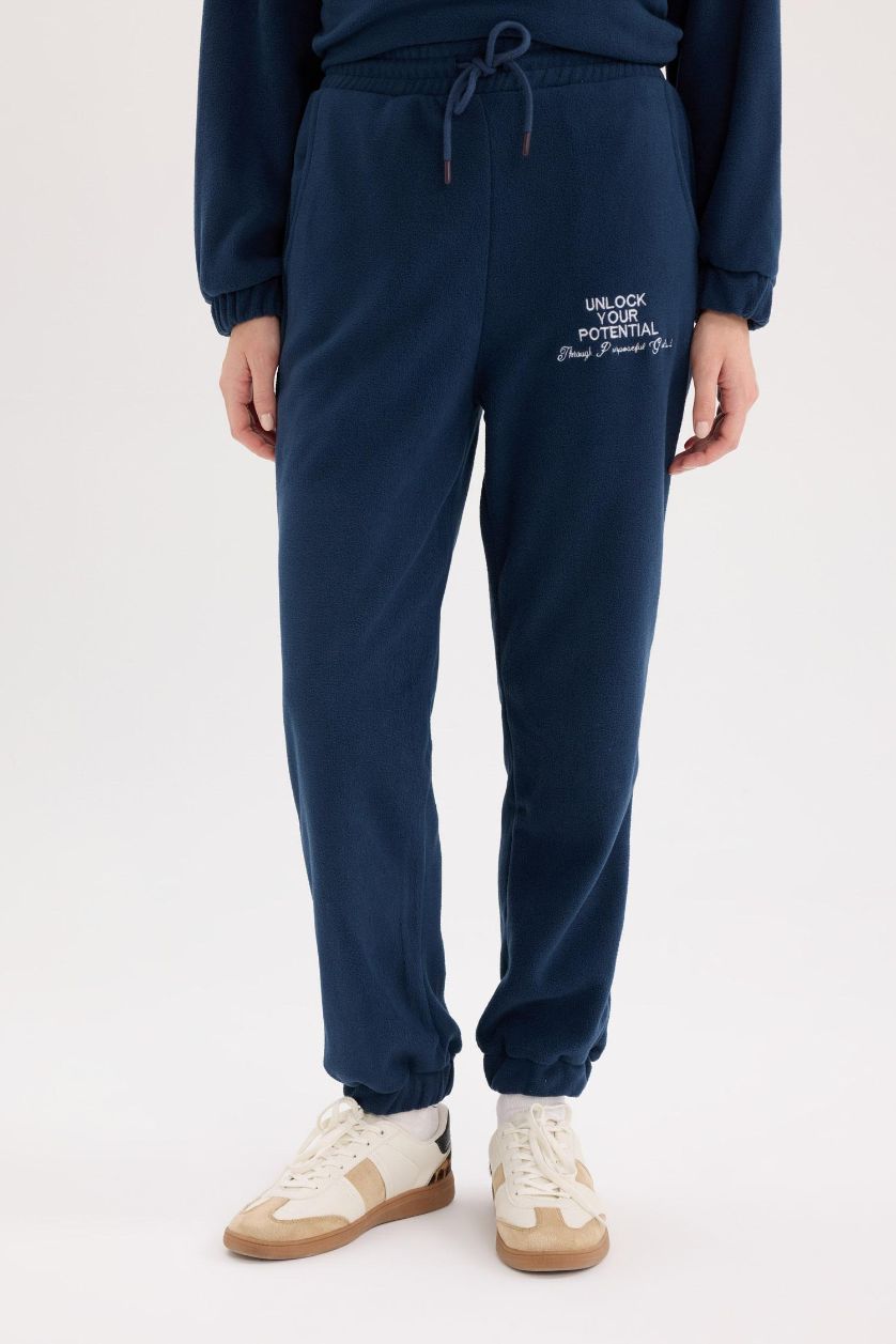 Kadın Lacivert Standart Fit Ayarlanabilir Lastikli Bağcıklı Cepli Baskılı Polar Eşofman Altı