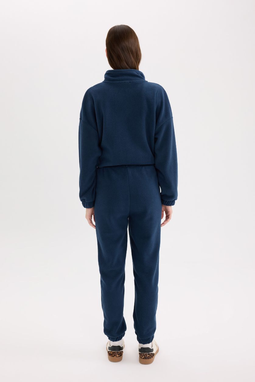 Kadın Lacivert Standart Fit Ayarlanabilir Lastikli Bağcıklı Cepli Baskılı Polar Eşofman Altı