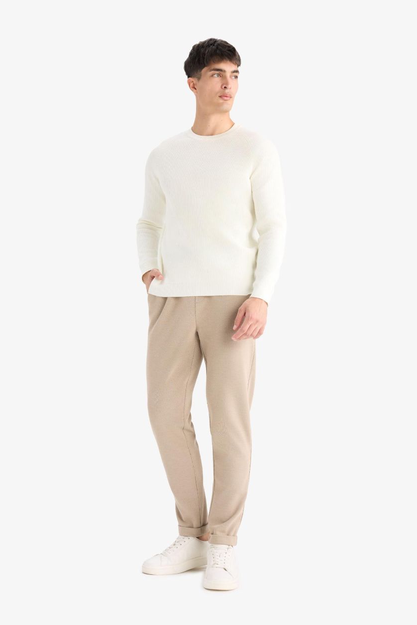 Erkek Bej Jogger Fit Beli Bağcıklı Lastikli Esnek Kumaş Cepli Duble Paça Pantolon