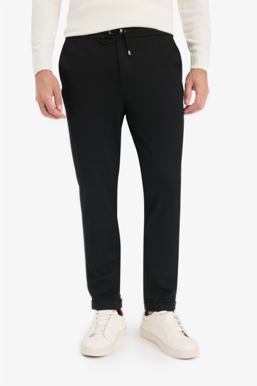 Men Black Jogger Fit Stretch Fabric Double Leg Trousers
