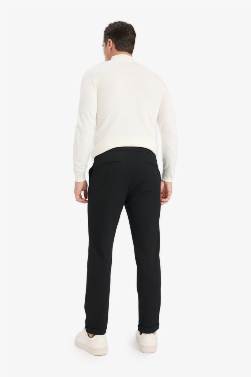 Men Black Jogger Fit Stretch Fabric Double Leg Trousers