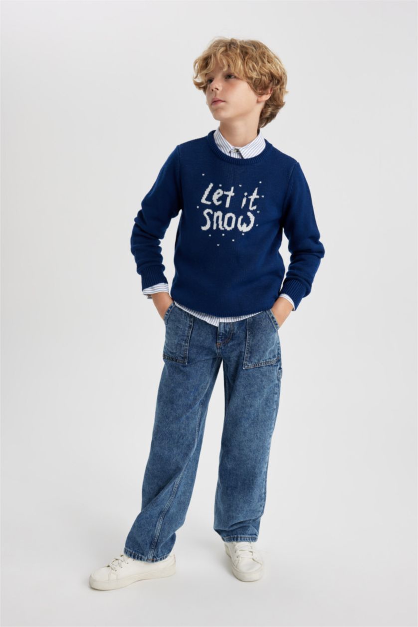 Мальчики и подростки Синий меланж Свитер стандартного кроя с круглым вырезом для мальчиков