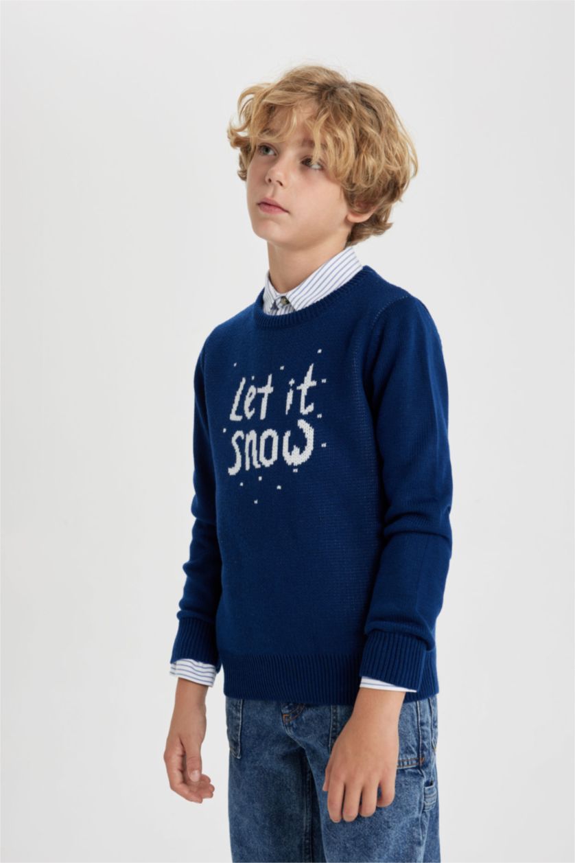 Мальчики и подростки Синий меланж Свитер стандартного кроя с круглым вырезом для мальчиков