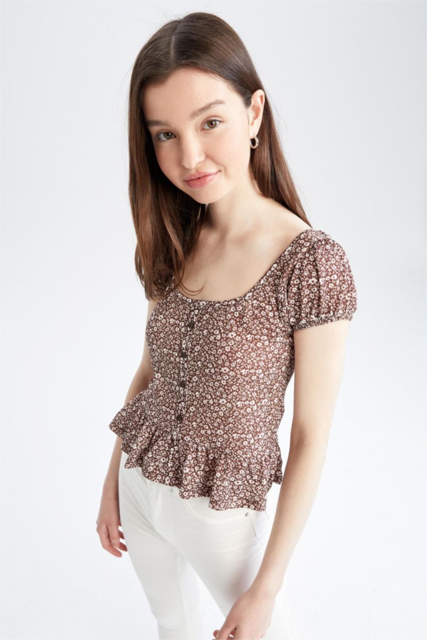 FEMME Marron Chemisier Coupe Classique À Manches Courtes Ballon