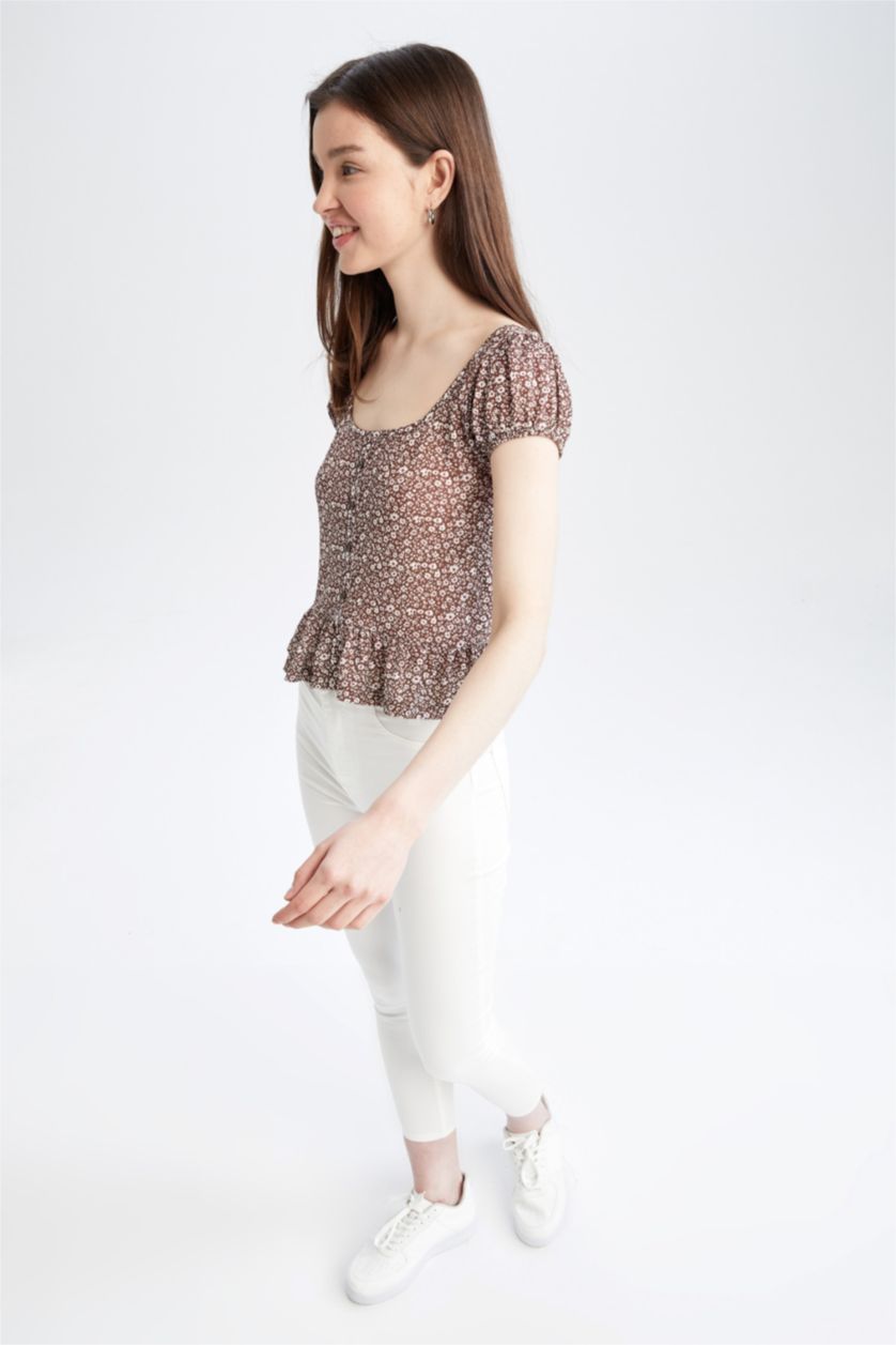 FEMME Marron Chemisier Coupe Classique À Manches Courtes Ballon