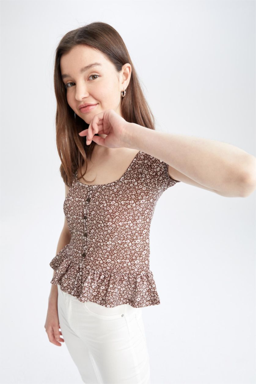 FEMME Marron Chemisier Coupe Classique À Manches Courtes Ballon