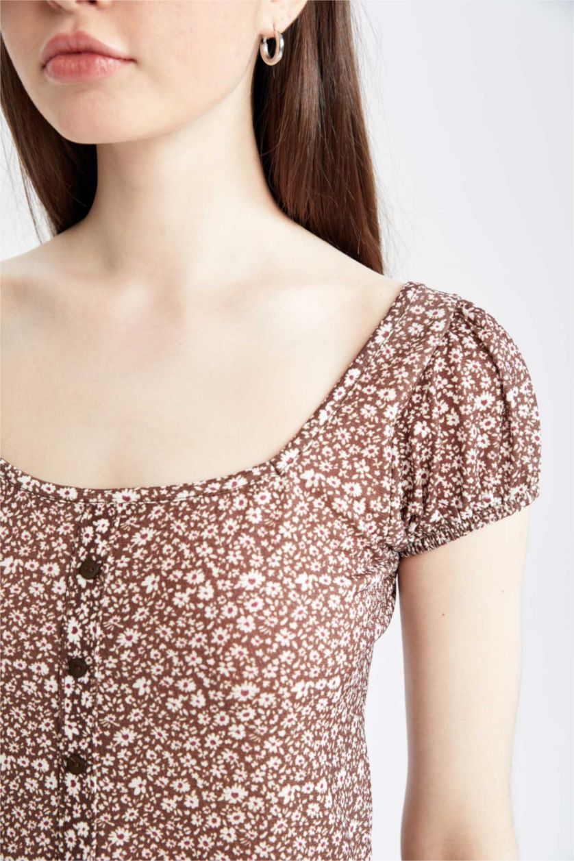 FEMME Marron Chemisier Coupe Classique À Manches Courtes Ballon