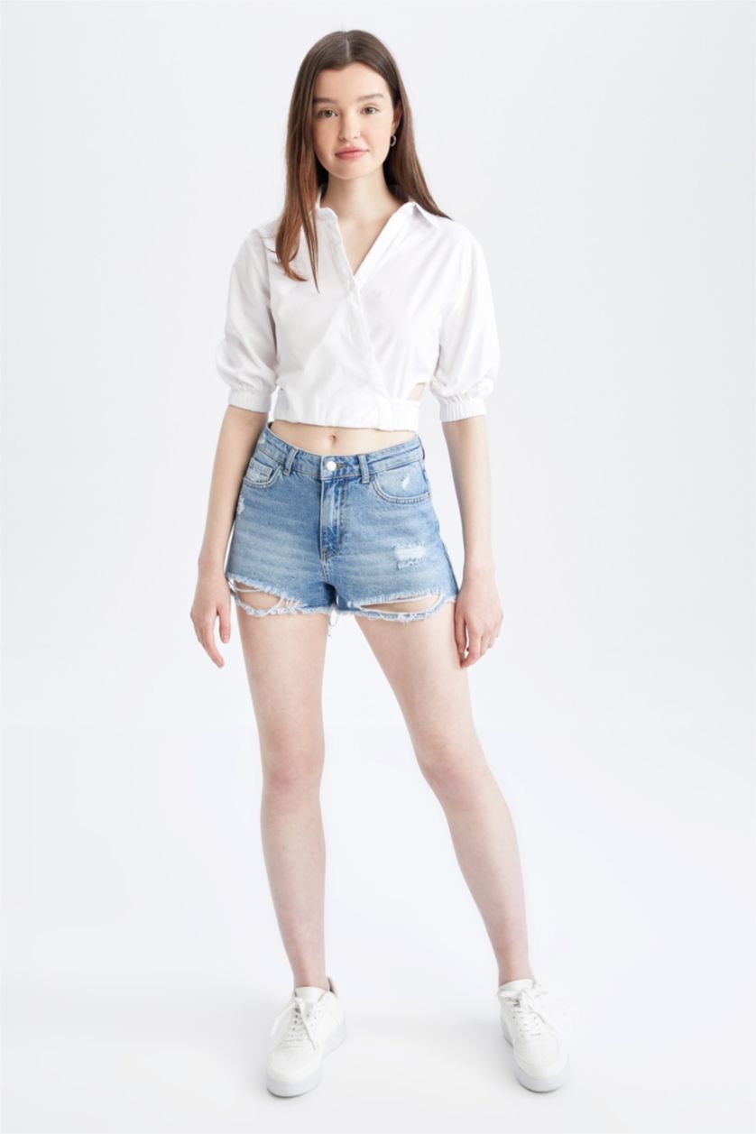 WOMAN White Fitted Shirt Collar Half Sleeve Crop Blouse