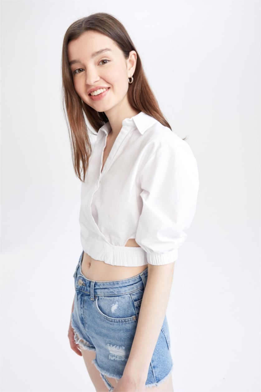 WOMAN White Fitted Shirt Collar Half Sleeve Crop Blouse