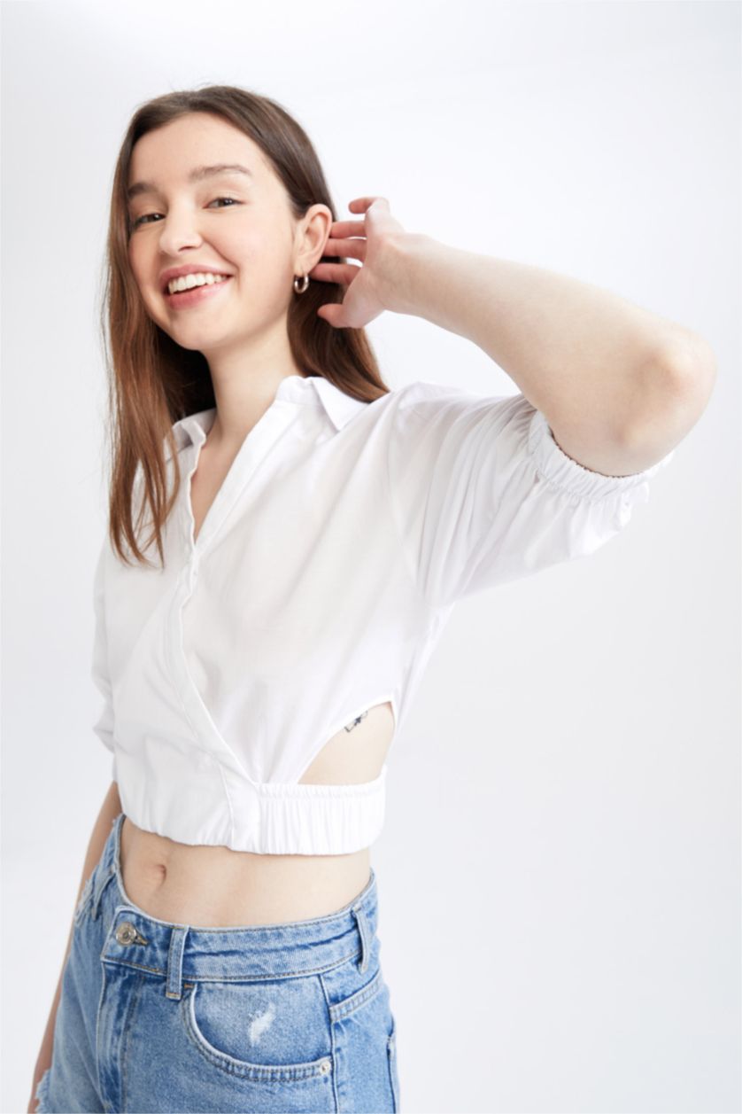 WOMAN White Fitted Shirt Collar Half Sleeve Crop Blouse