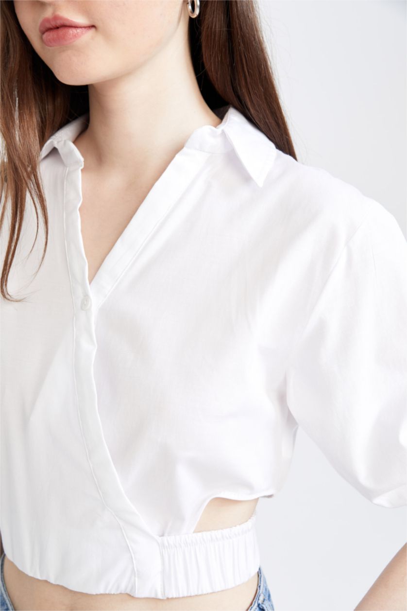 WOMAN White Fitted Shirt Collar Half Sleeve Crop Blouse