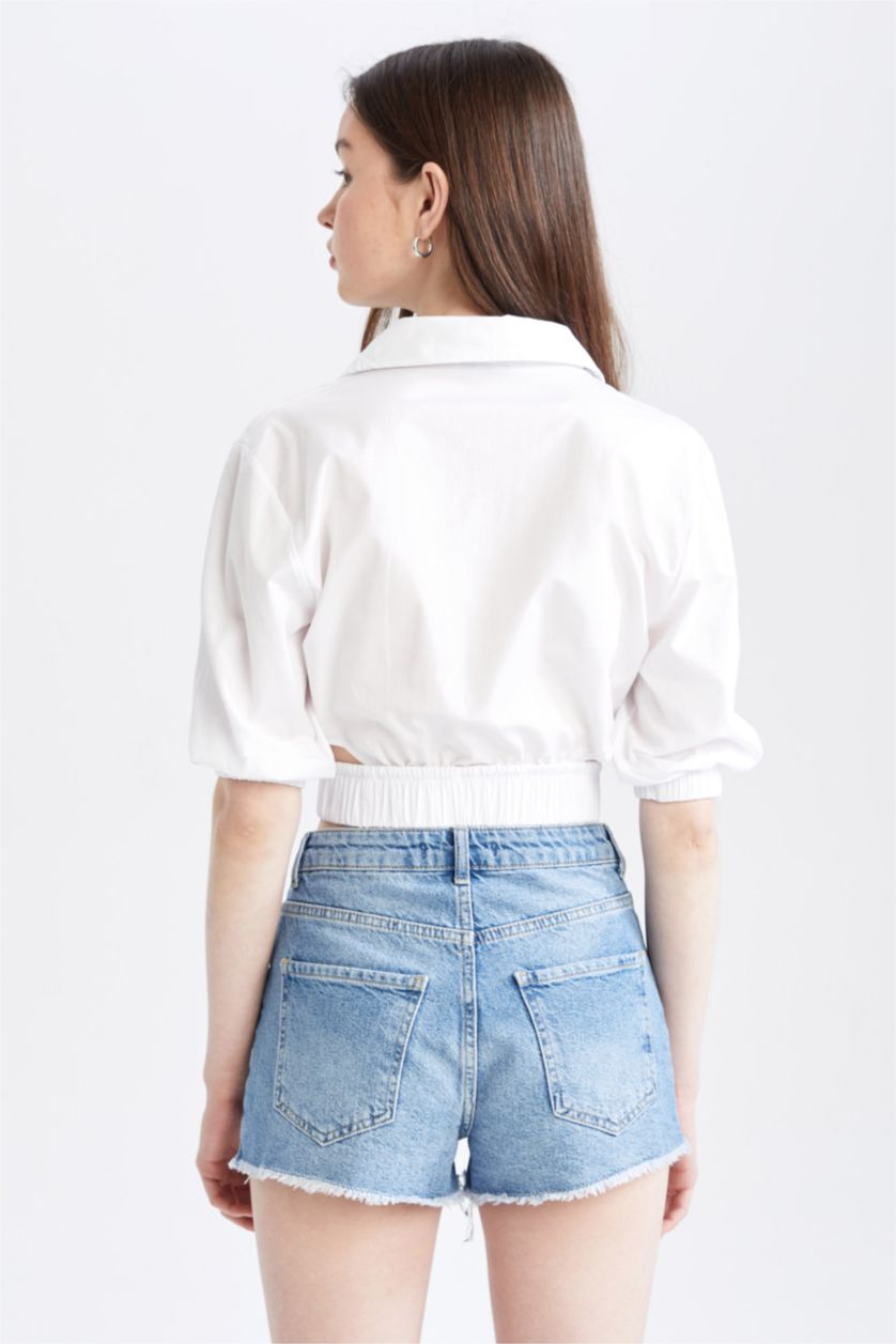 WOMAN White Fitted Shirt Collar Half Sleeve Crop Blouse