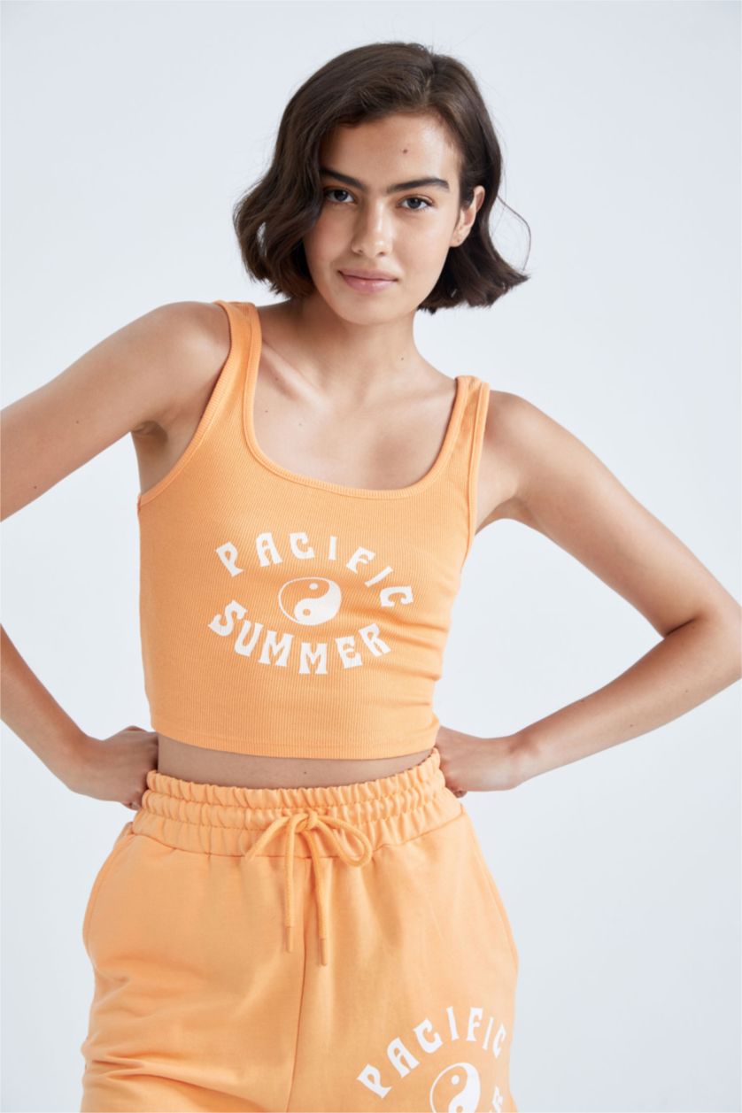 WOMAN Salmon Fitted Printed Crew Neck Ribbed Camisole Undershirt