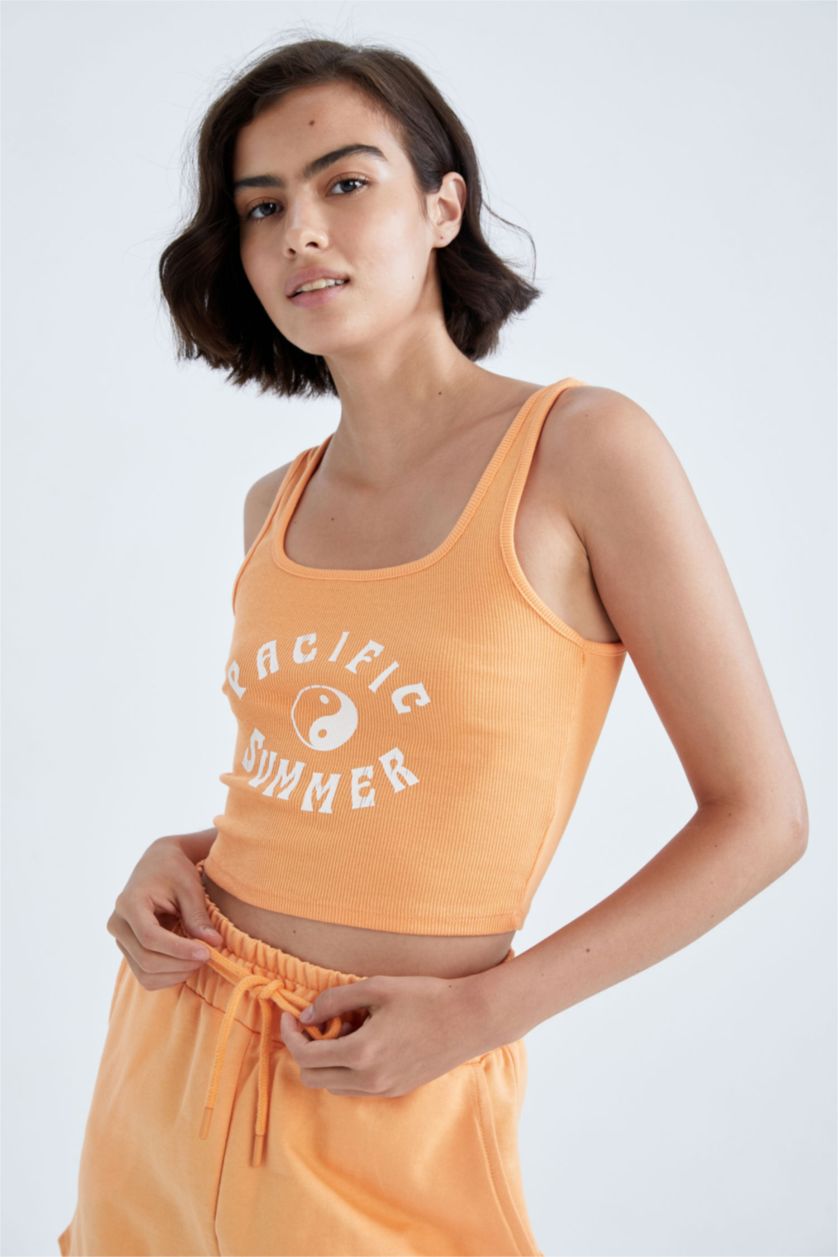 WOMAN Salmon Fitted Printed Crew Neck Ribbed Camisole Undershirt