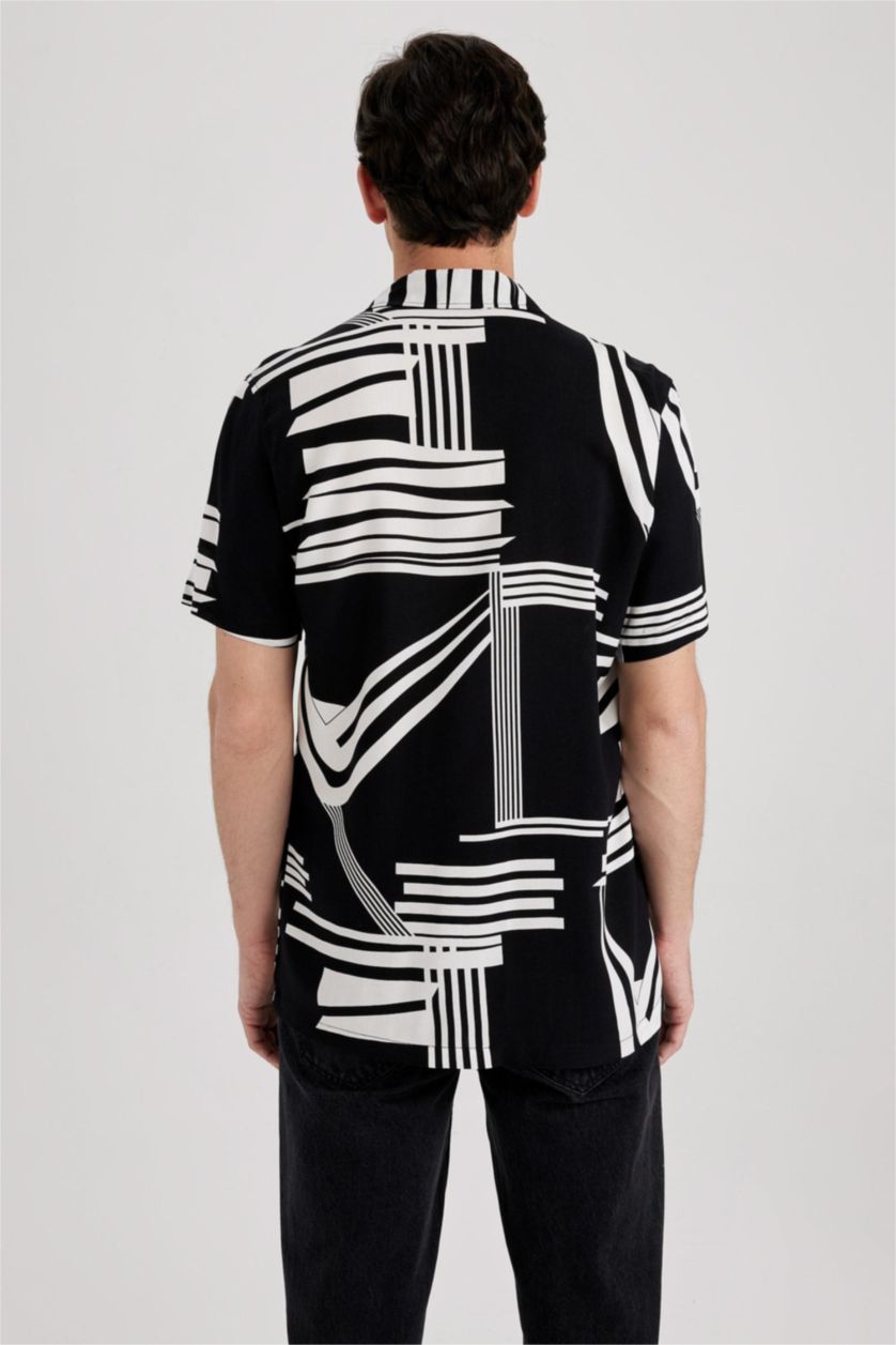 رجال أسود قميص فيسكوز مطبوع قصة عادية وياقة جاكيت